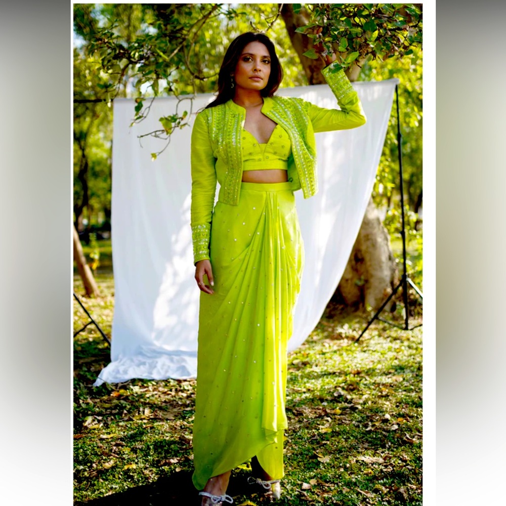 Chamee & Palak lime green jacket lehenga